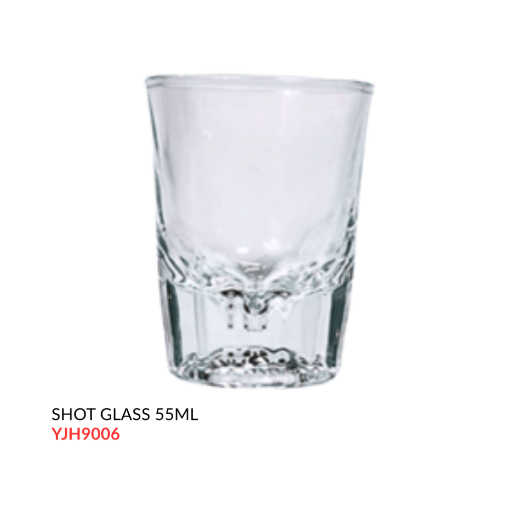 Clear glass shot glass with a capacity of 55ml.