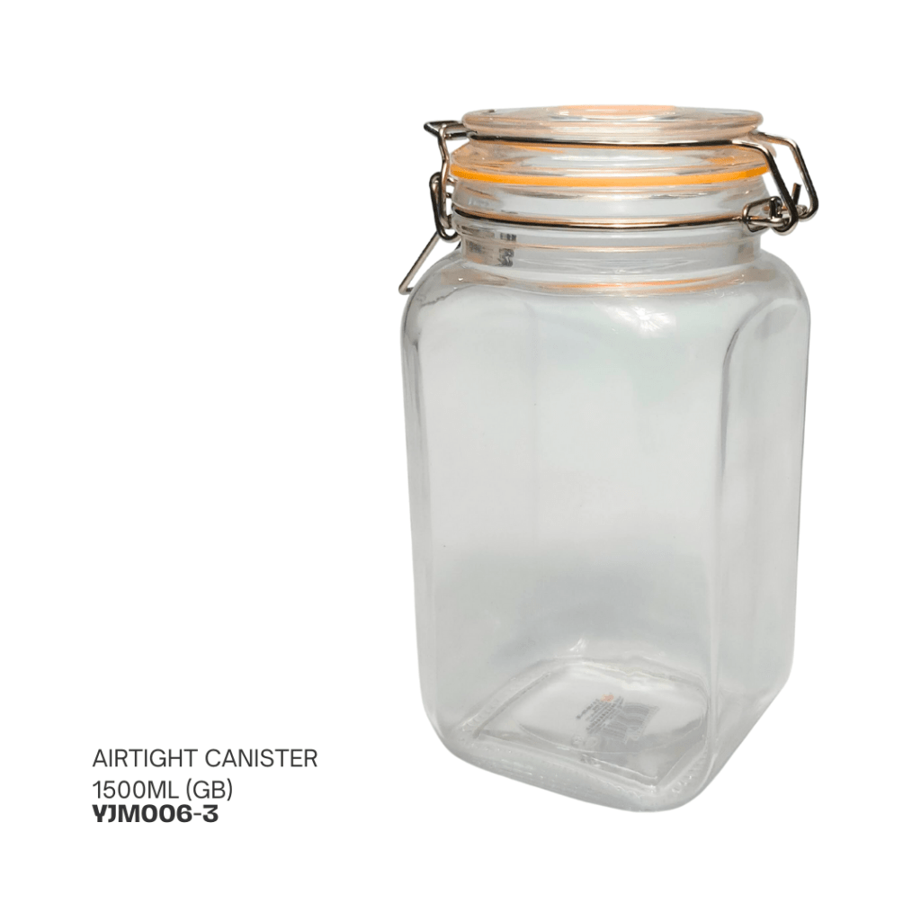 Clear airtight canister with a metal clamp lid, capacity 1500ml.