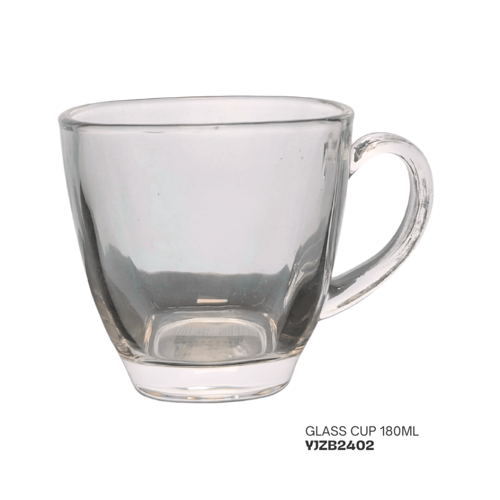 Clear glass cup with a handle, 180ml capacity.
