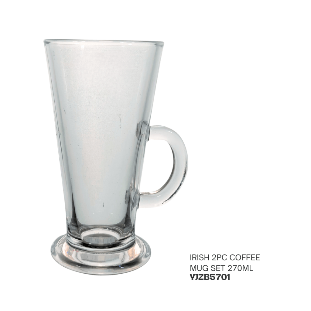 Clear glass coffee mug set, featuring a tall design with a handle, labeled as 'Irish 2PC Coffee Mug Set 270ML'.