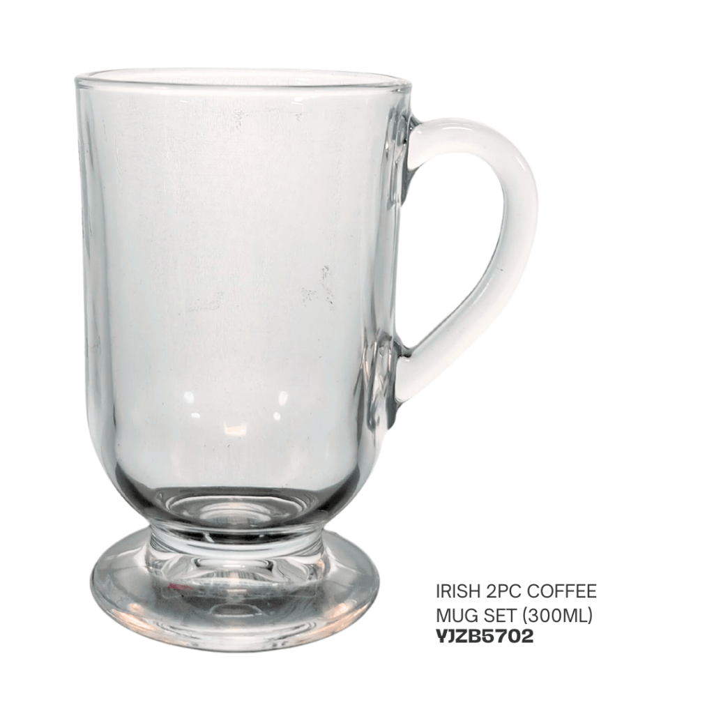 Clear glass coffee mug with handle and pedestal base, part of a 2-piece set (300ml).