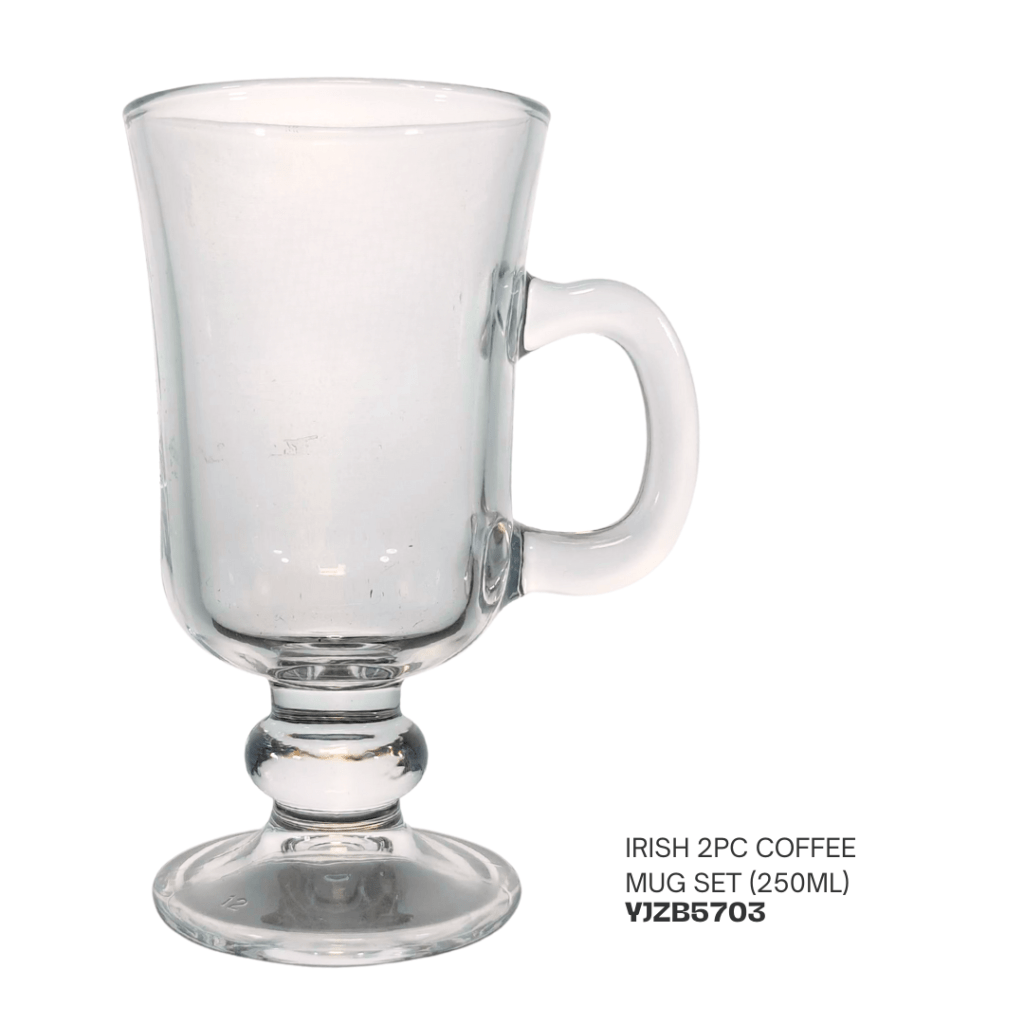 Clear glass Irish coffee mug on a pedestal base, showcasing a handle and a capacity of 250ml.