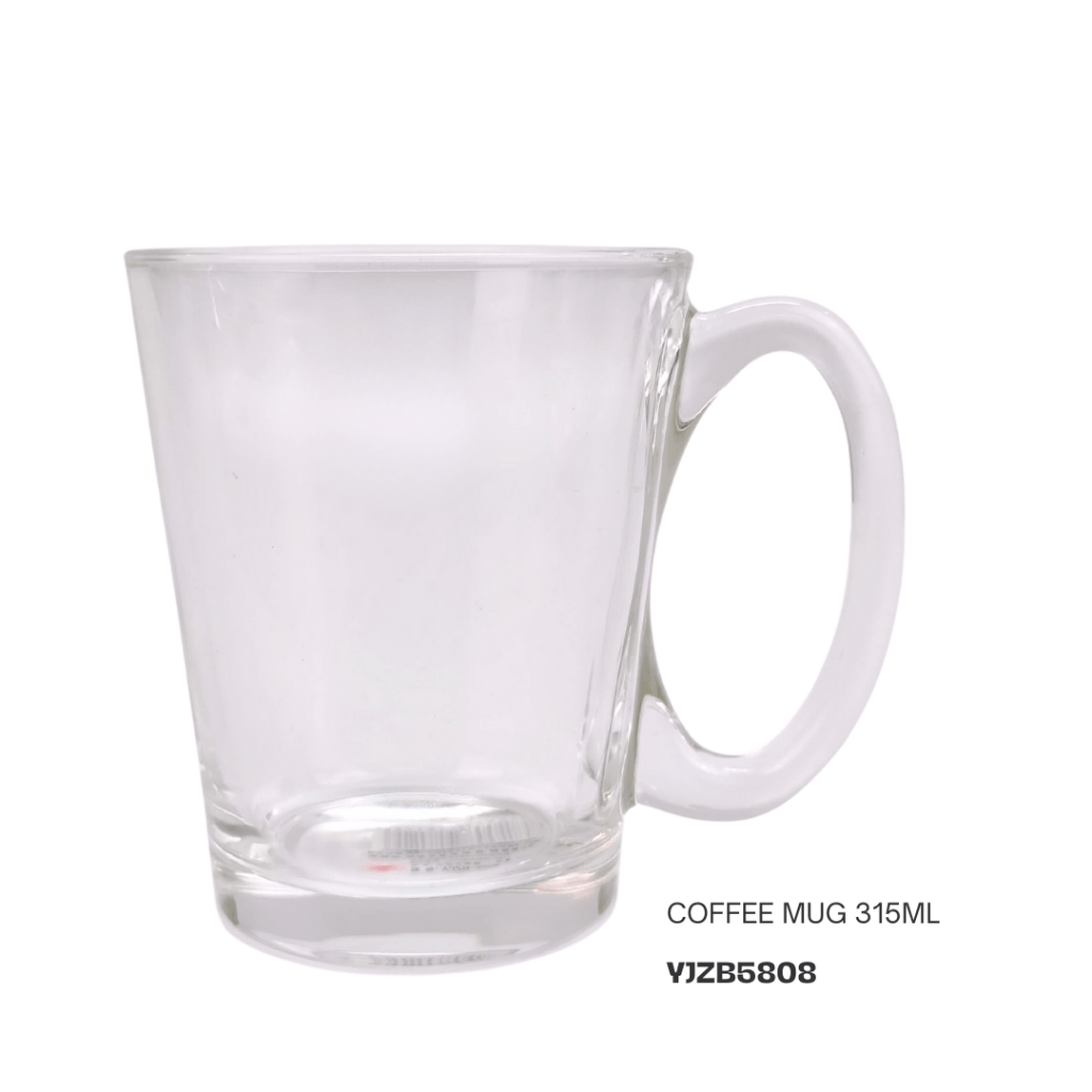 Transparent glass coffee mug with a handle, holding 315ml.