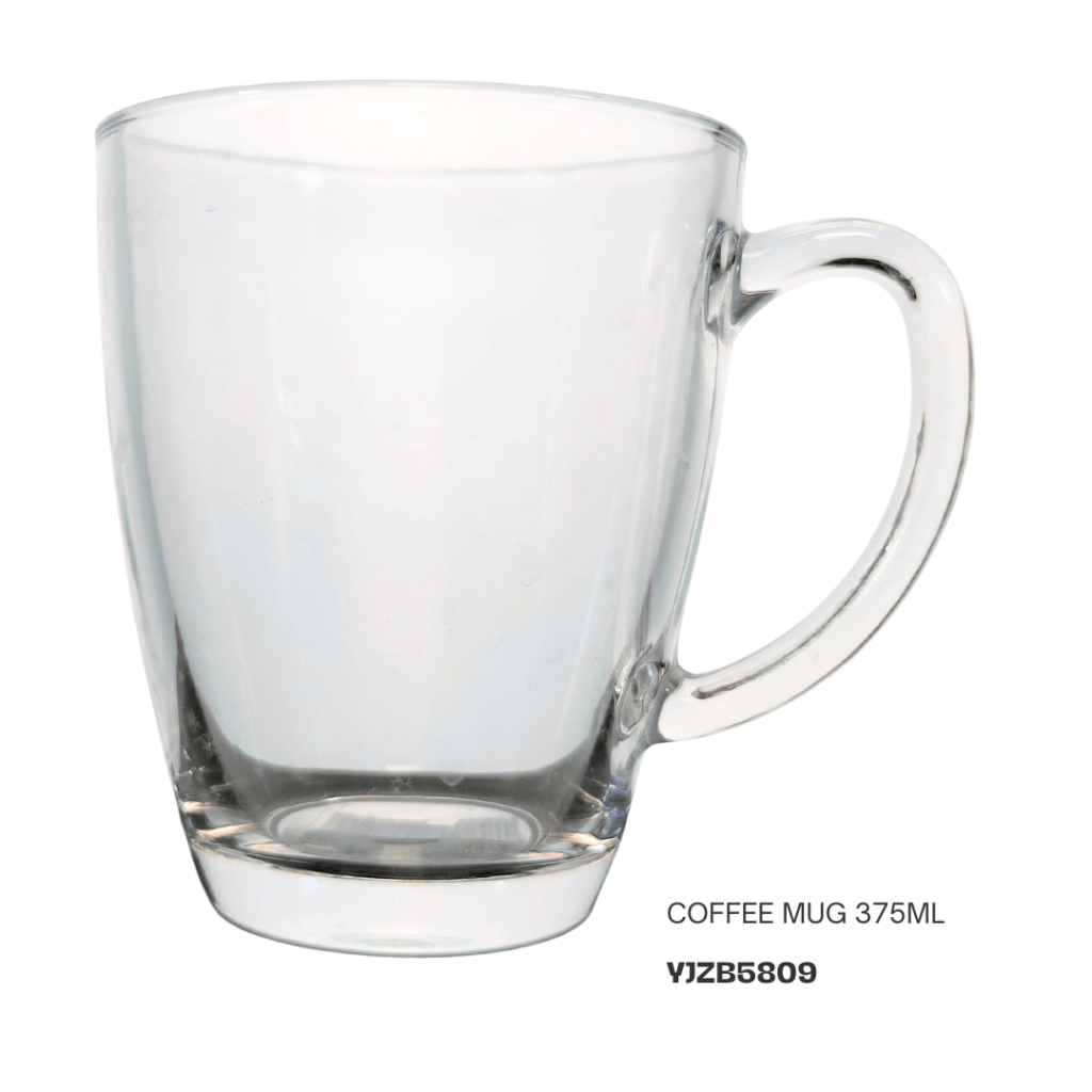 Clear glass coffee mug with a capacity of 375ml.