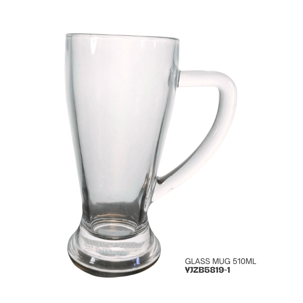 Clear glass mug with a handle, 510ml capacity.