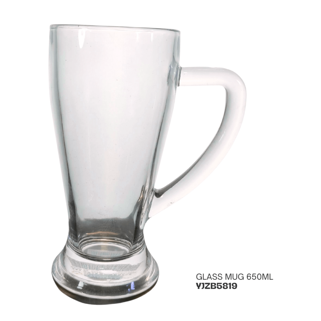 Clear glass mug with a handle, designed for beverages, holding 650ml.