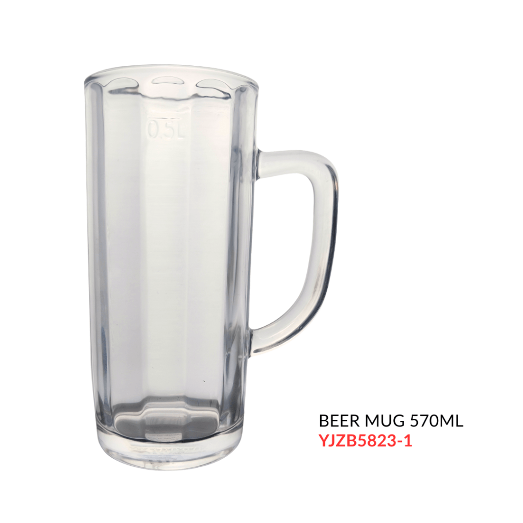 Transparent beer mug with a handle, holding 570ml, labeled with measurements.