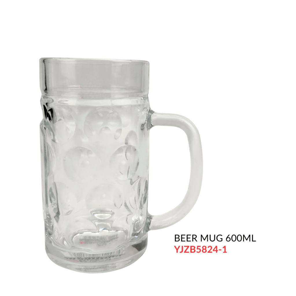 Clear glass beer mug with a capacity of 600ml, featuring a textured bubble design and a sturdy handle.