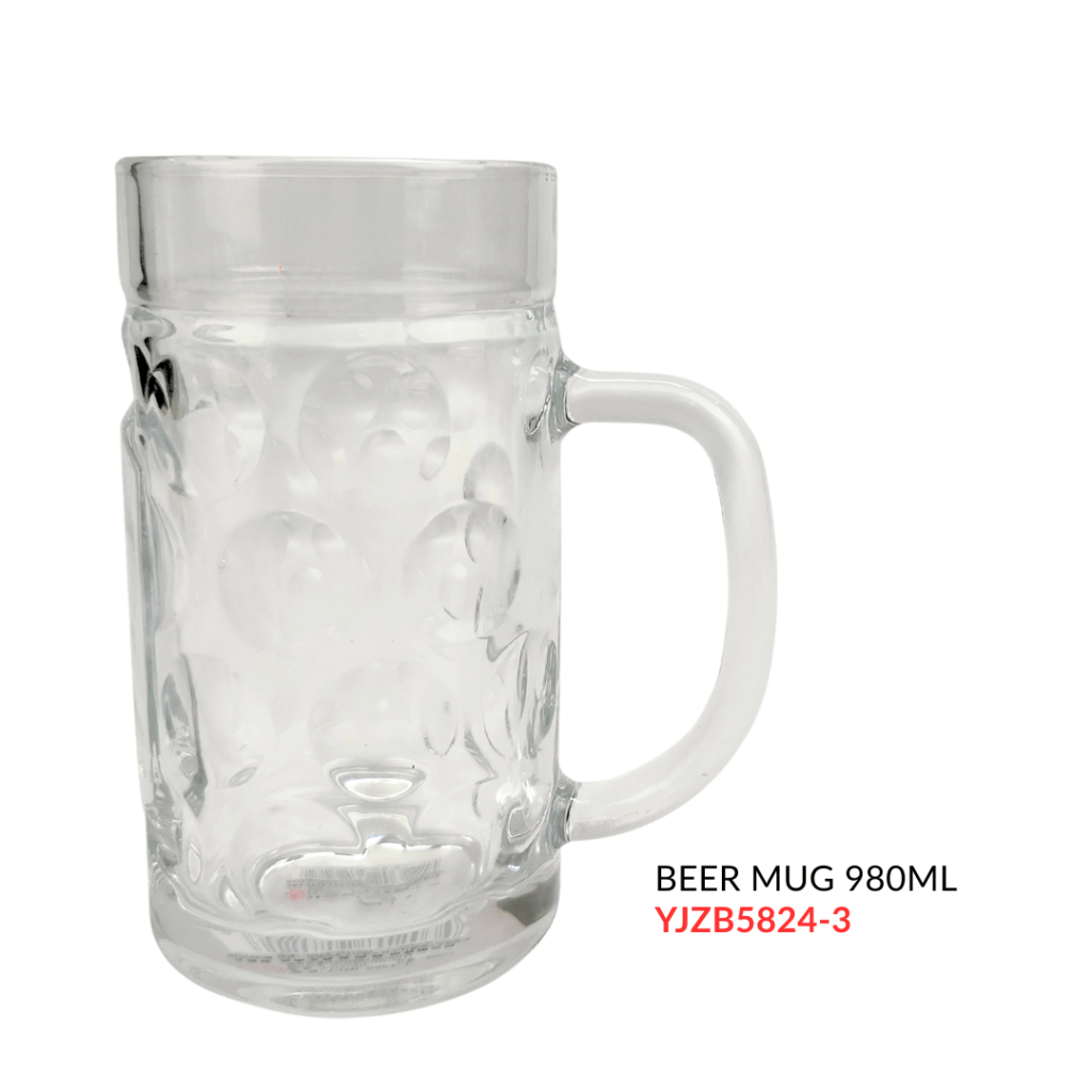 Clear glass beer mug with a capacity of 980ml, featuring a textured surface and a sturdy handle.