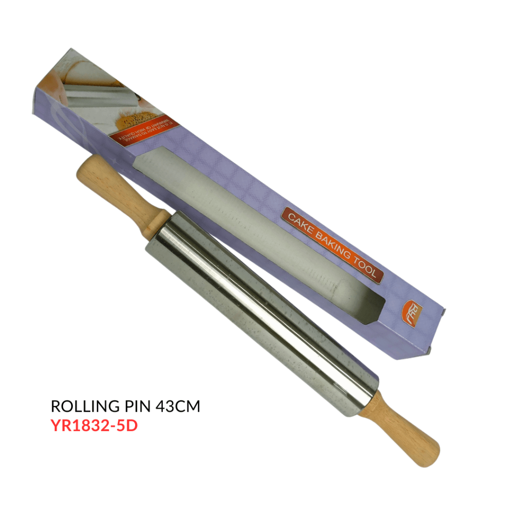 A stainless steel rolling pin with a wooden handle, displayed alongside its packaging that features a cake baking tool label.