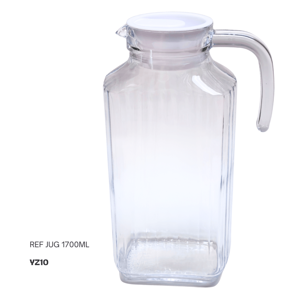 Clear glass pitcher with a handle and a white lid, designed for serving beverages; capacity of 1700ml.
