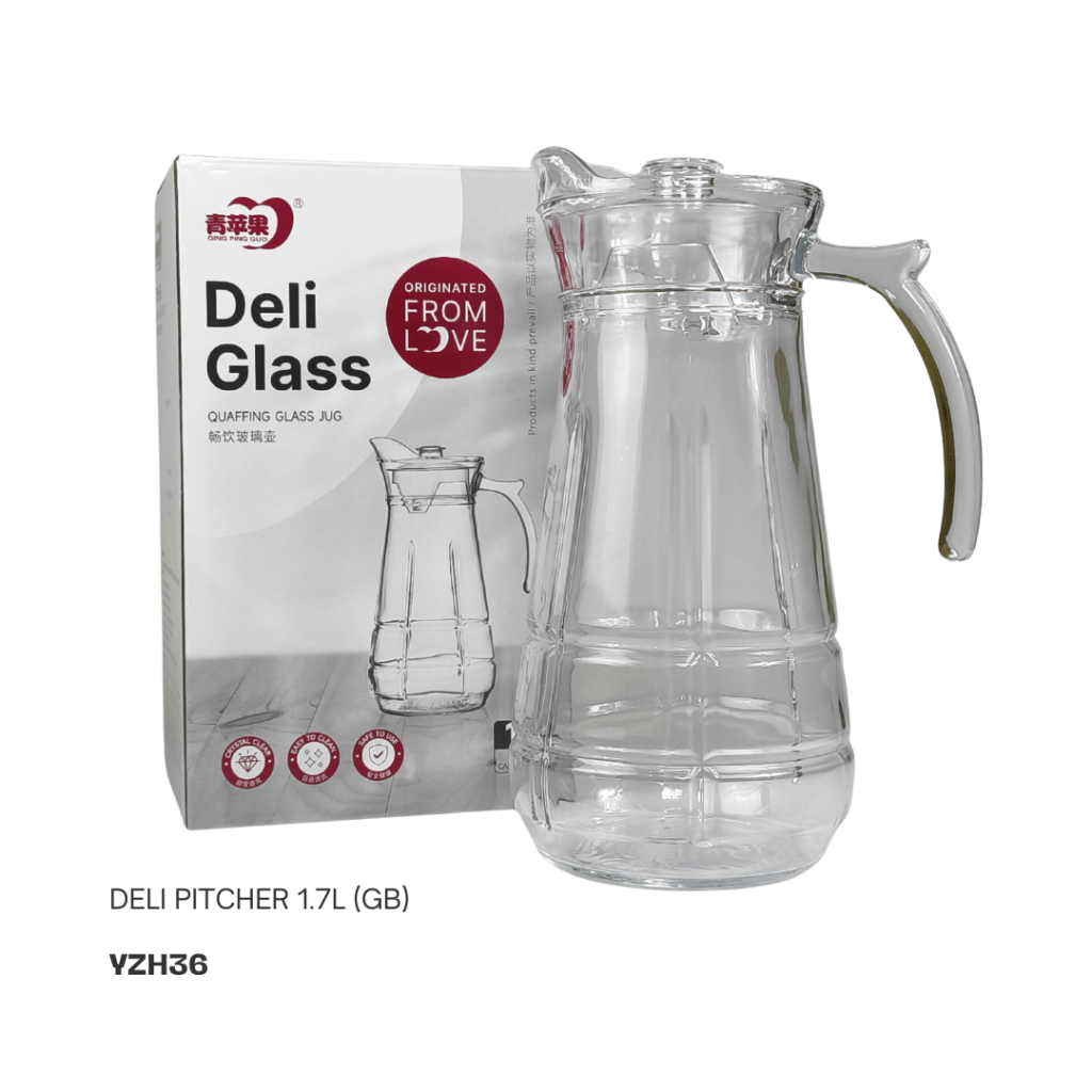 Clear glass pitcher with a handle, shown next to its packaging labeled 'Deli Glass Quaffing Glass Jug 1.7L (GB)'