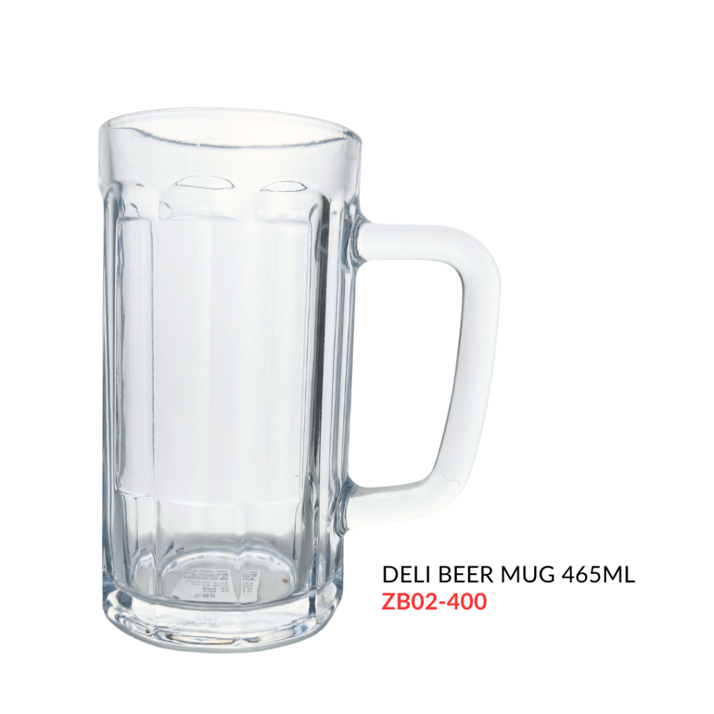 Clear glass beer mug with a handle, 465ml capacity, featuring a simple design.