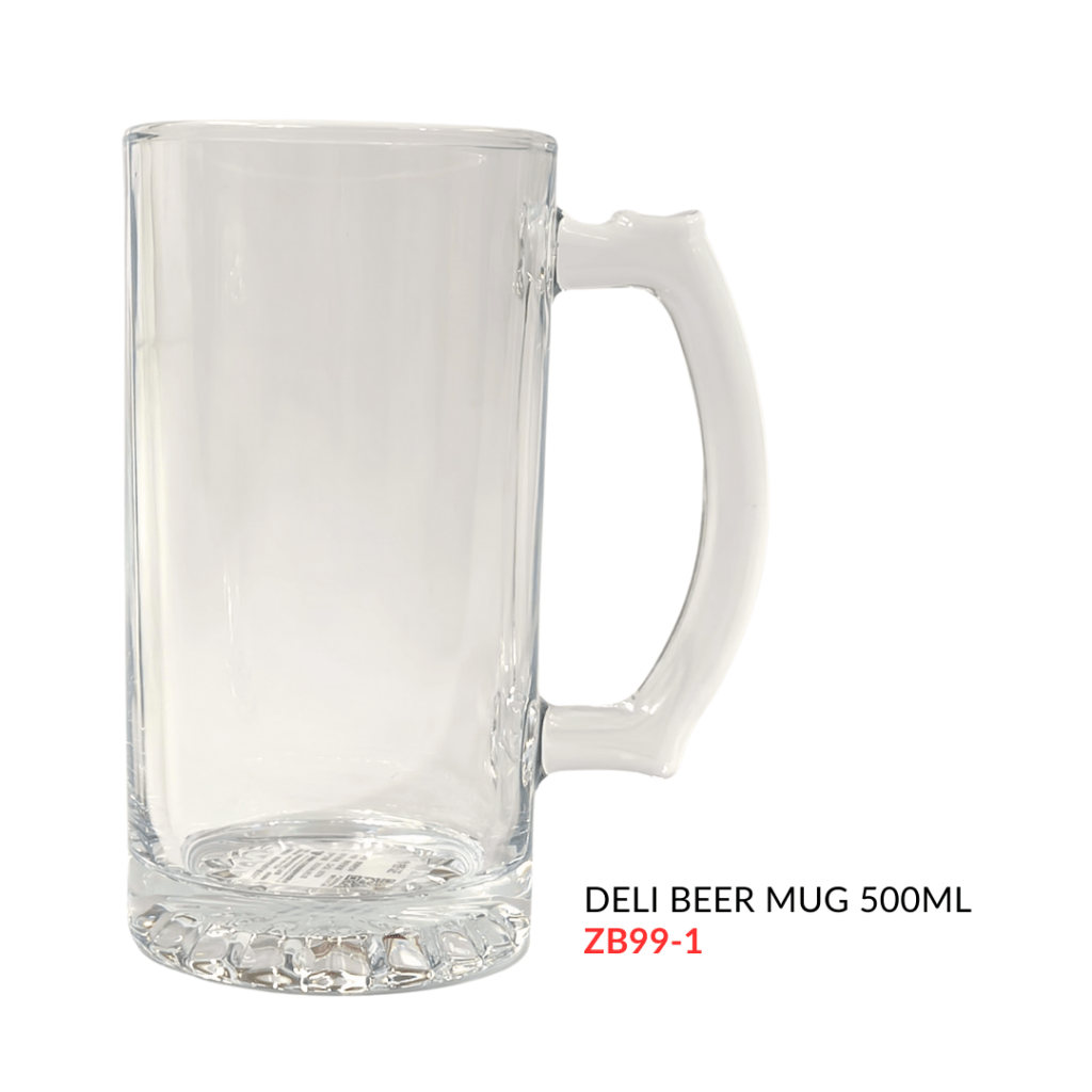 Clear glass beer mug with a handle, 500ml capacity, featuring a textured base.