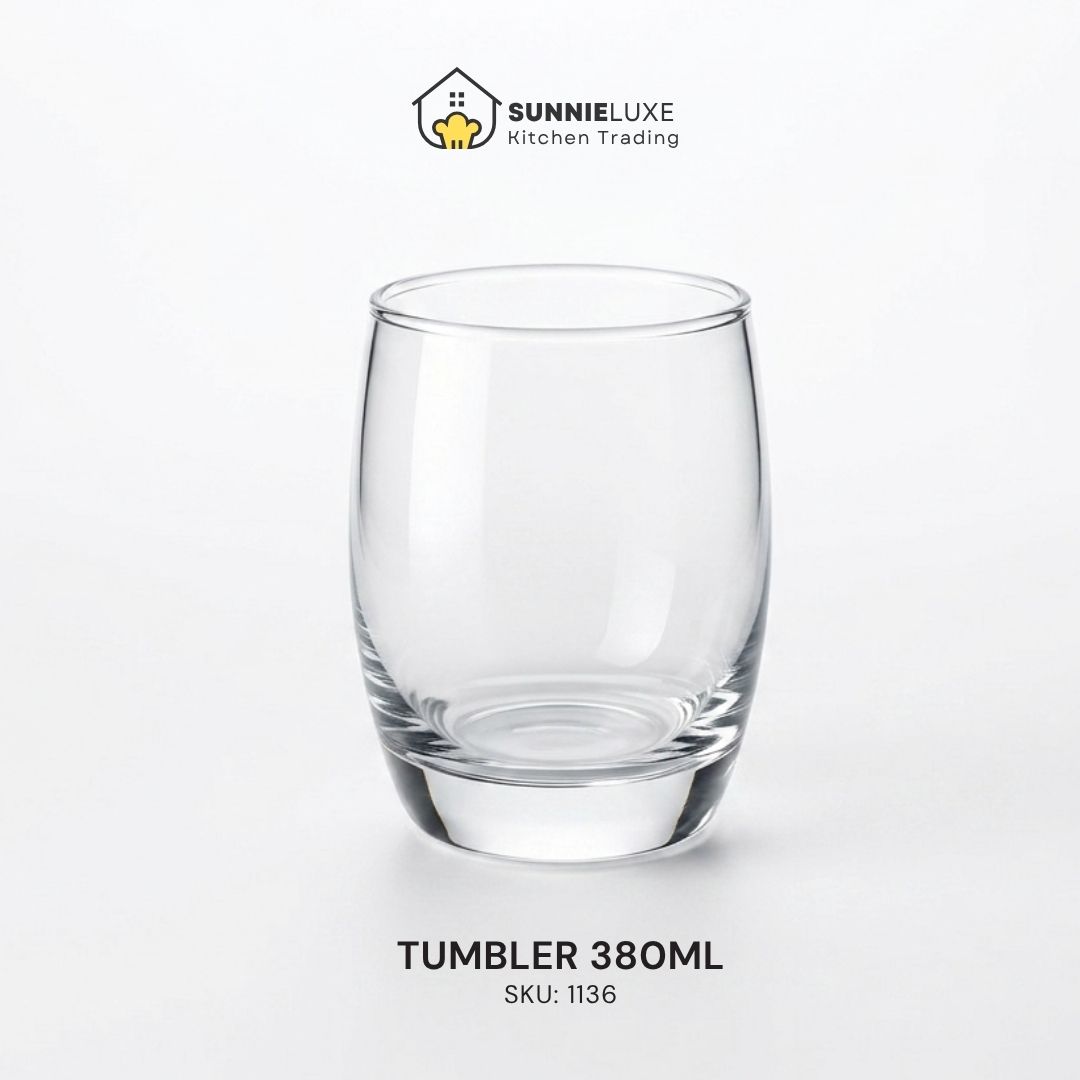1136 Clear glass tumbler labeled TUMBLER 380ML, SKU 1136, by SunnieLuxe Kitchen Trading