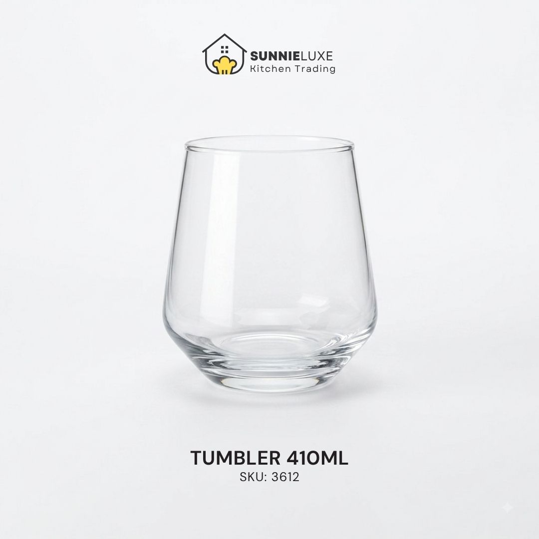 3612 Clear glass tumbler labeled “TUMBLER 410ML,” SKU 3612, by SunnieLuxe Kitchen Trading