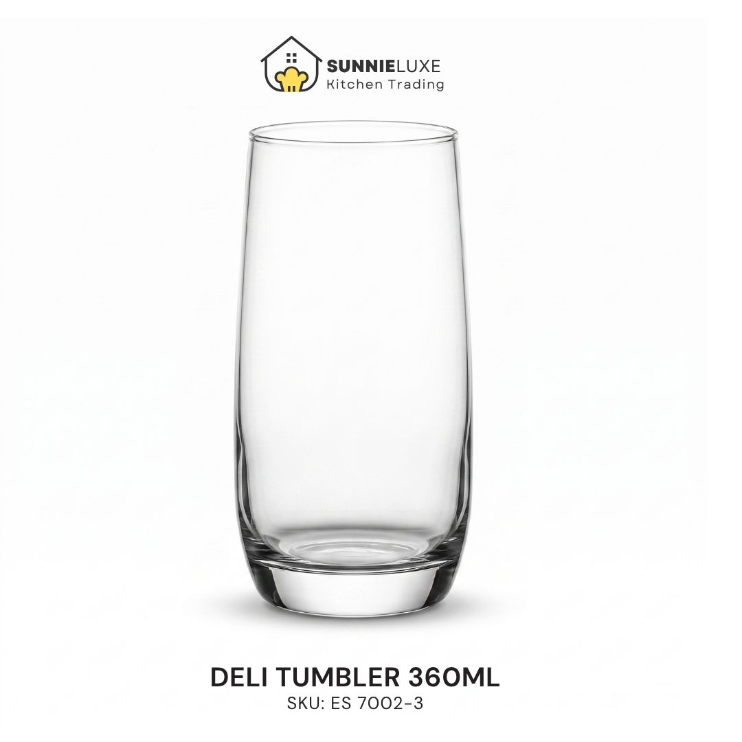 ES7002-3 (2) Deli Tumbler 360ml glass tumbler, SKU ES 7002-3, dimensions 6.5 cm wide by 13.5 cm high, with 360 ml capacity and dishwasher-safe design
