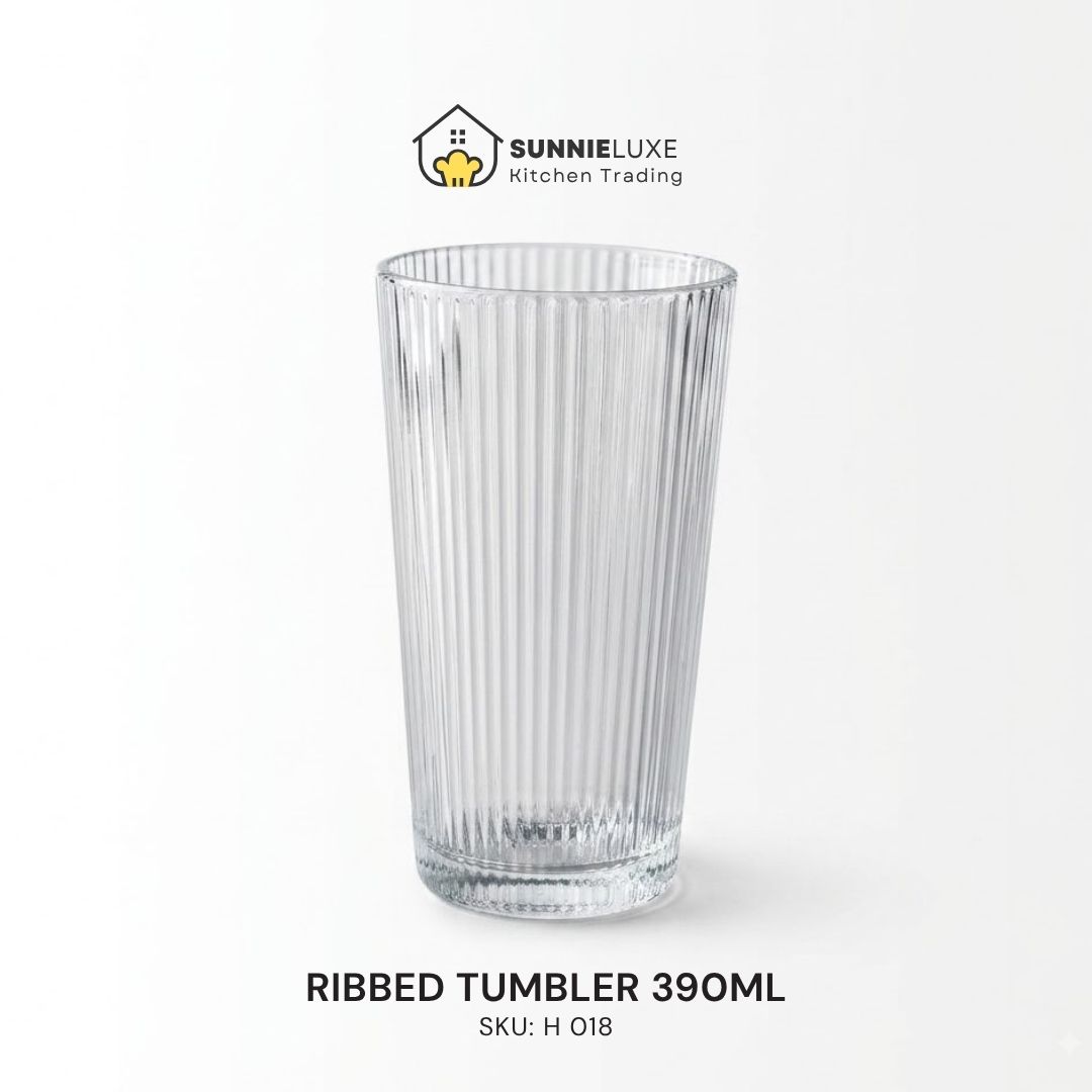 Ribbed Tumbler Product Listing 390ml Clear ribbed tumbler labeled RIBBED TUMBLER 390ML, SKU H 018
