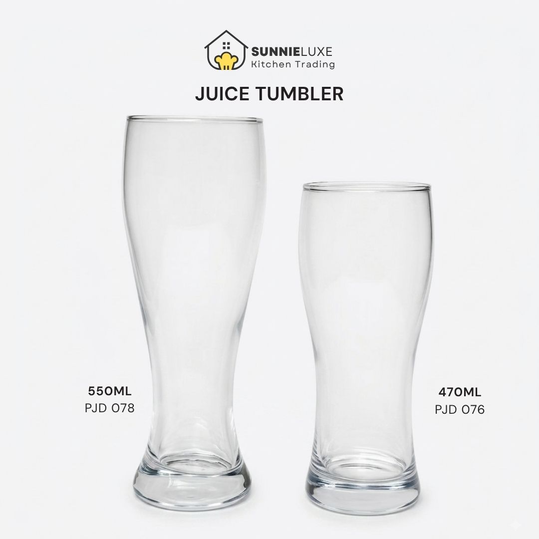 PJD076 078 SunnieLuxe Kitchen Trading juice tumblers: 550ml PJD 078 and 470ml PJD 076, crystal-clear durable dishwasher-safe BPA-free glass