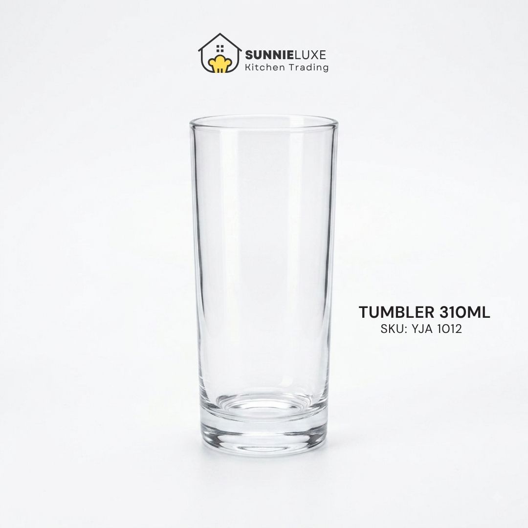 SunnieLuxe 310ml Tumbler Product Listing Clear glass tumbler labeled TUMBLER 310ML, SKU YJA 1012