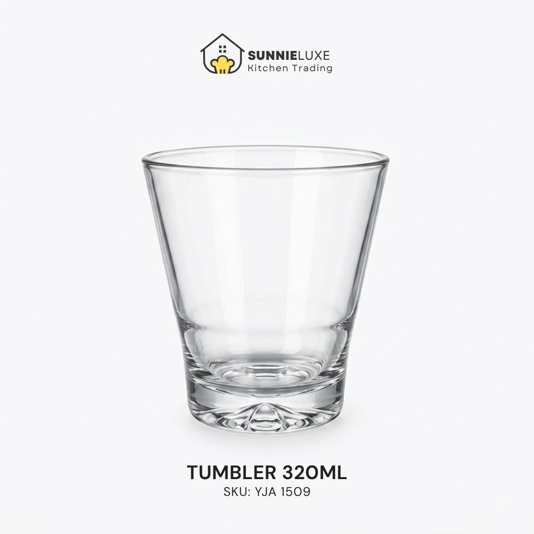 YJA1509 Clear glass tumbler labeled Tumbler 320ML, SKU YJA 1509