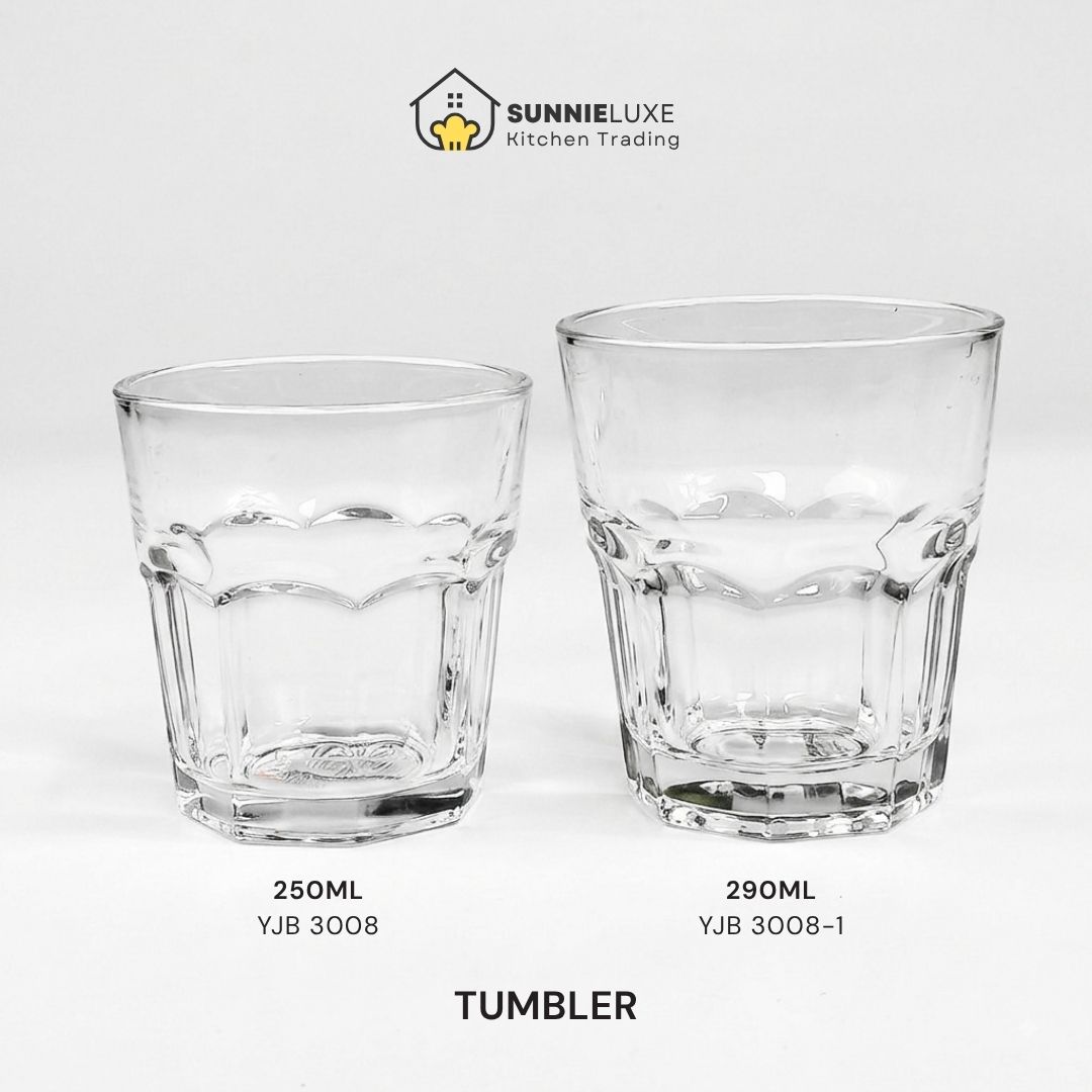 YJB3008 Two clear tumblers labeled 250ML YJB 3008 and 290ML YJB 3008-1