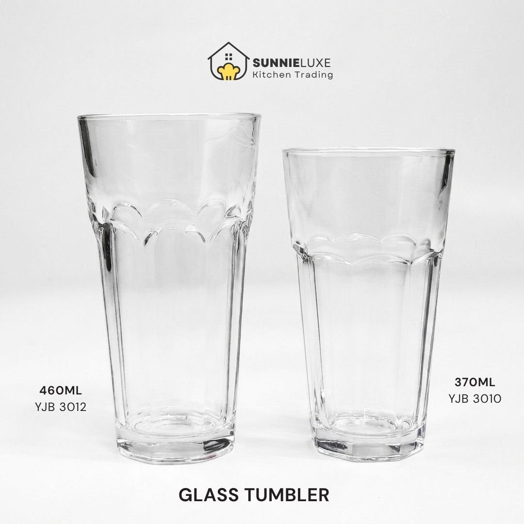 YJB3010 3011 Two clear glass tumblers labeled 460ML YJB 3012 and 370ML YJB 3010; GLASS TUMBLER