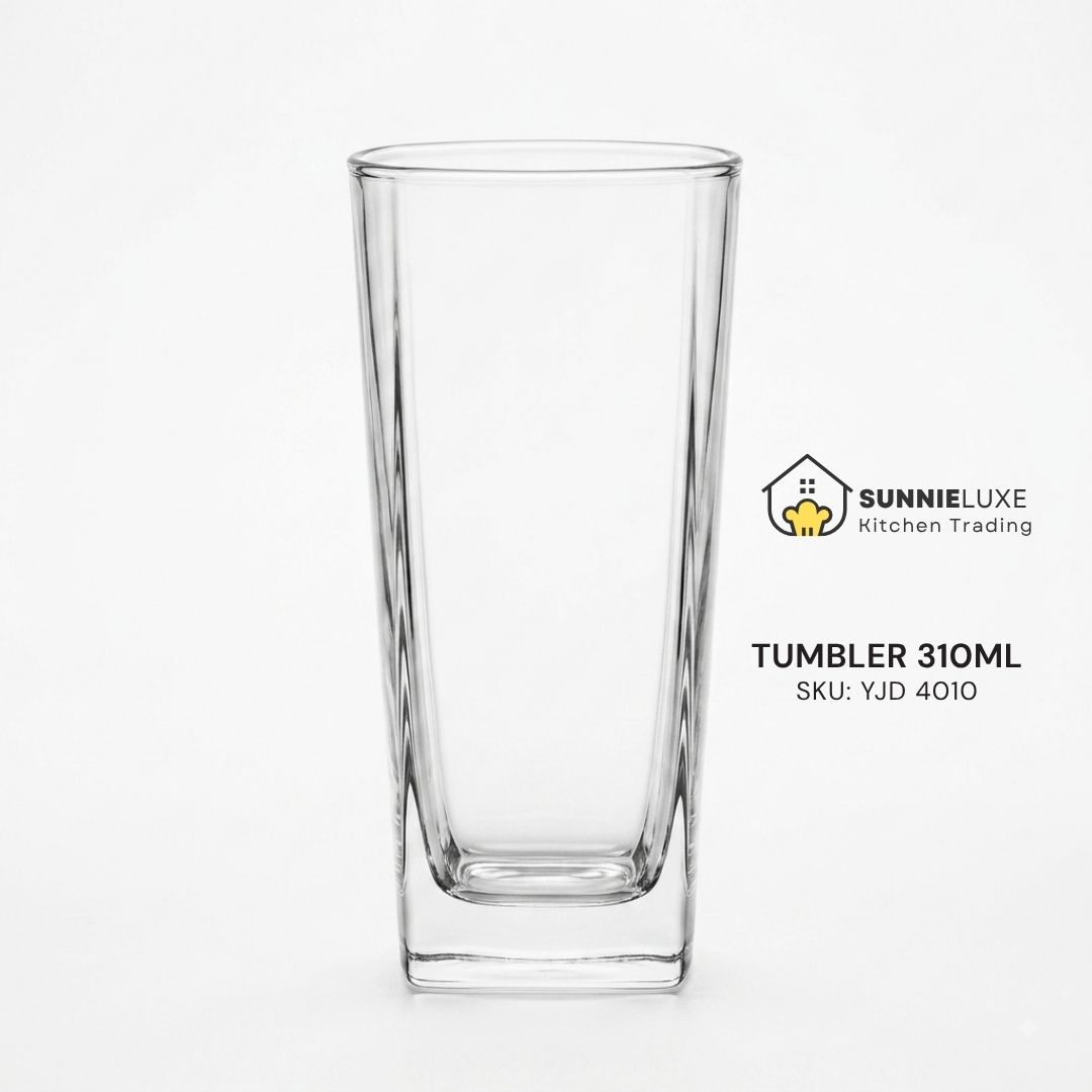 YJD4010 Clear 310 ml glass tumbler labeled SunnieLuxe, SKU YJD 4010