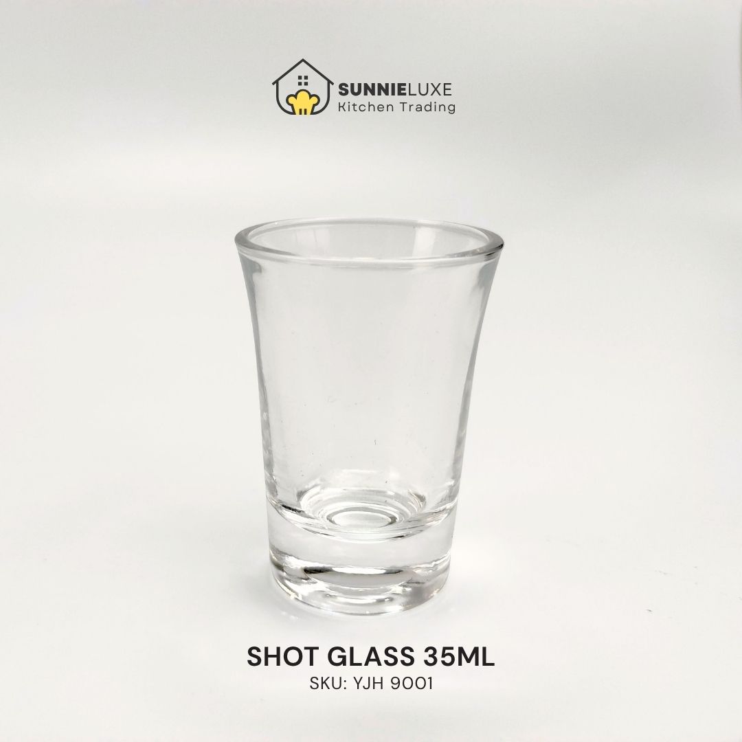 35ml Shot Glass Product Listing Clear shot glass labeled SHOT GLASS 35ML, SKU YJH 9001