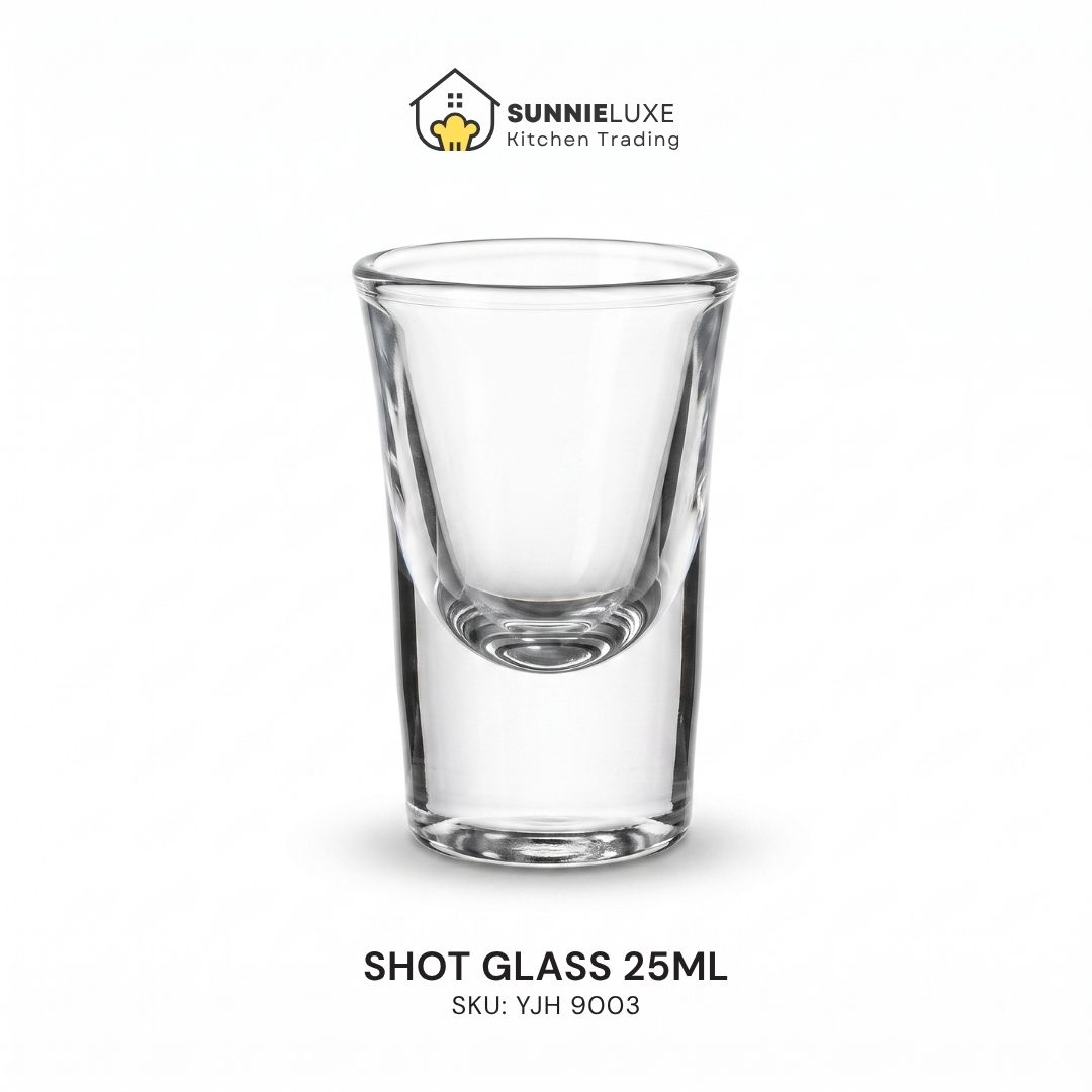 YJH9003 Clear shot glass labeled Shot Glass 25ML, SKU YJH 9003