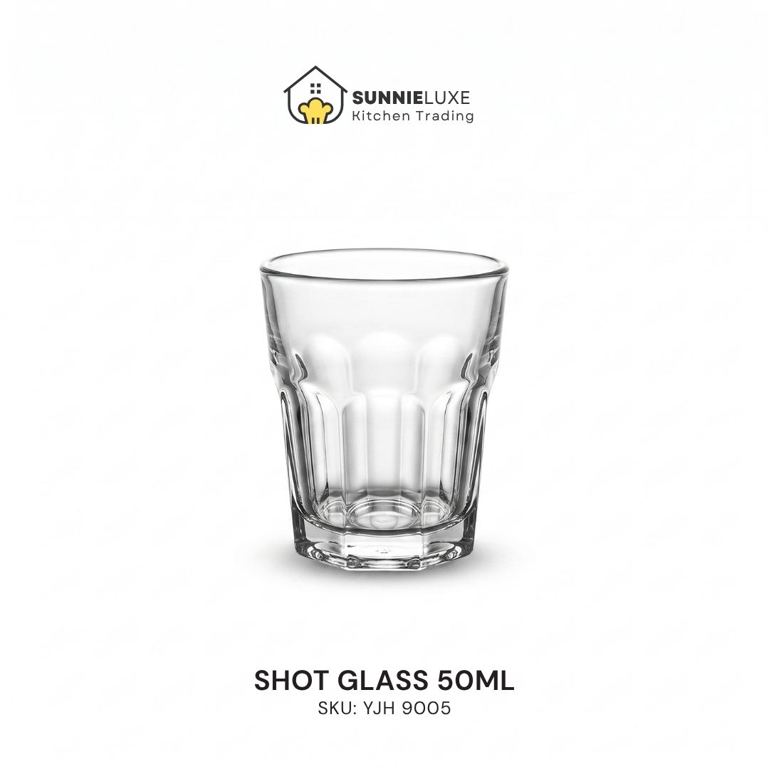 50ml Shot Glass Product Listing Clear textured 50ml shot glass; SKU YJH 9005