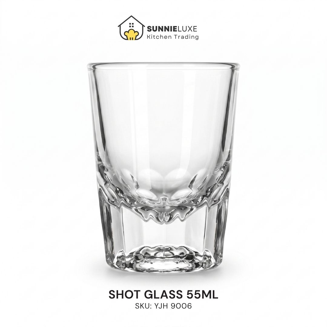YJH9006 Clear textured shot glass labeled SHOT GLASS 55ML, SKU: YJH 9006